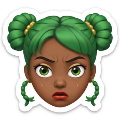 Create a 3D cartoon-style girl character with dark skin, round face, angry expression, big wide eyes, and tightly styled double buns made of green beaded hair. The girl should look irritated, eyebrows sharply angled, and lips pressed in a frown. sticker