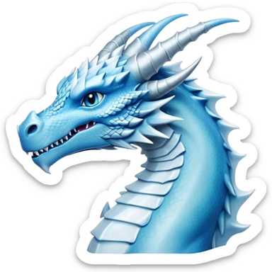 Cinematic Noble elegant Ice Dragon Portrait Emoji, Poised and imposing, distinct long elegant snout, with a slender, scaled body shimmering in glacial hues of icy blue, frostbitten silver, and crystalline white, breathing out frost, with piercing, glowing ice blue white eyes that radiate the chilling depths of an arctic storm; rendered in detail. sticker