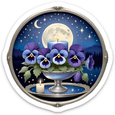 An enchanting nighttime scene where rich blue pansies bloom in a mystical landscape, their petals appearing almost luminous under the soft radiance of a silver crescent moon. A pearl-colored candle, embellished with intricate celestial symbols, sits atop an antique mirror tray, reflecting its warm glow. Wisps of silver mist curl around the flowers, and tiny glowing stars seem to hover just above the ground, adding to the dreamlike atmosphere. In the distance, a faint silhouette of a gothic archway frames the moon, enhancing the scene’s otherworldly beauty. sticker
