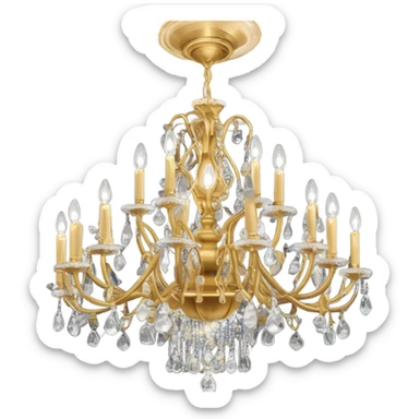 Gold chandelier with 12 arms, candle lights, crystal pendants, and ornate white ceiling rosette. sticker