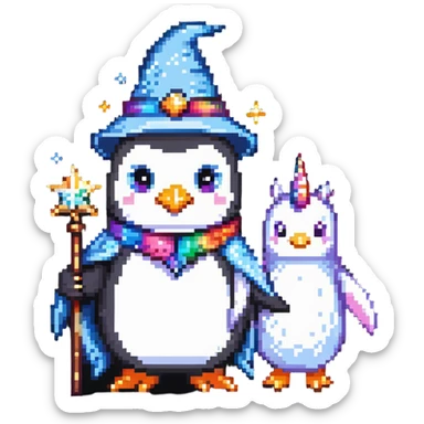 a penguin wizard with magical sparkles and a unicorn companion sticker