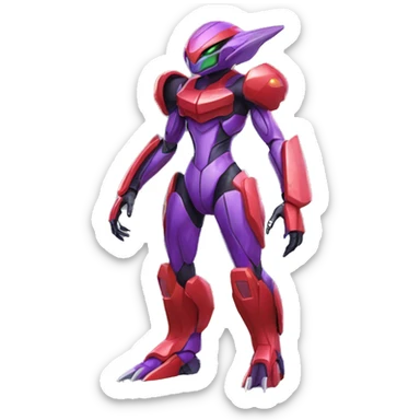 a shiny purple-green-red Genesect-Raptor-Fakémon—hybrid with a futuristic visor-helmet full body sticker