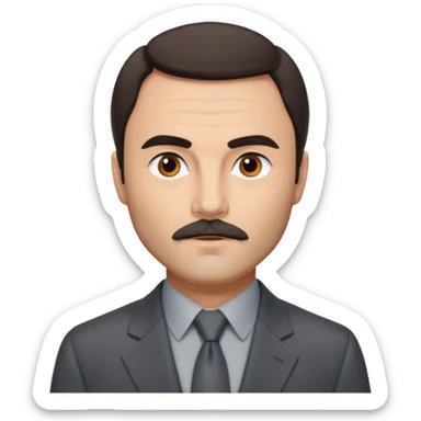 John Saxon with dark brown hair and short mustache, dark grey suit sticker