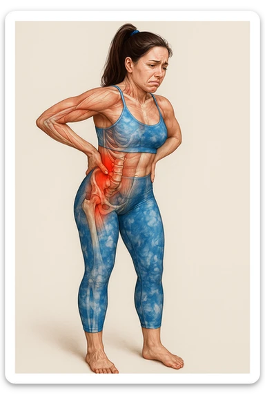 Realistic anatomical illustration of a woman in sportswear inspired by the reference photo, showing pain in the lower back (lumbar area) with highlighted muscles and vertebrae involved, hands on the painful area, pained expression, neutral background. sticker