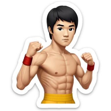 Cinematic Realistic portrait of Bruce Lee, shown as a legendary martial artist in a dynamic, powerful pose with modern athletic attire and finely detailed muscle definition, rendered in dramatic action lighting sticker