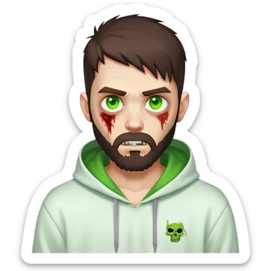 zombie making peace sign, undercut hairstyle with dark brown hair, short full beard, glowing green eyes, wearing plain white hoodie sticker