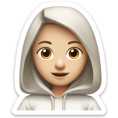white girl with straight brown hair and bangs in a white hoodie, holding a laptop sticker
