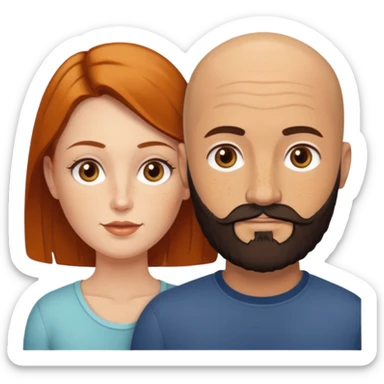 Couple. Bald man with dark brown-black beard. White woman with many small, faded freckles, white skin and she has auburn-yellow-brown-caramel, dark hair. She has light orange-brown eyes. The man have hazel eyes. Retro style. sticker