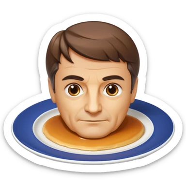 flan shaped as François Fillon's head and shoulders, glossy caramel hair, flan texture, on a white round plate sticker