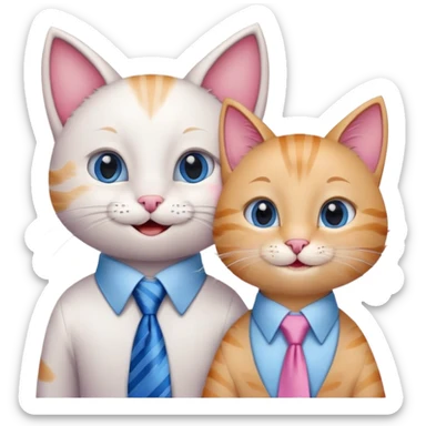 happy girl cat with eyelashes wearing a pink necktie and happy boy cat wearing a blue necktie, standing close together, both smiling sticker