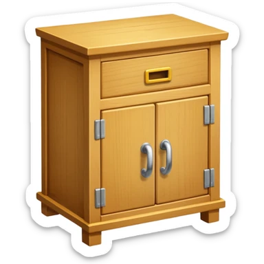 Compact emoji-style icon showing a small wooden cabinet with one door slightly open, a hammer resting beside it, and a plank of wood leaning in the background. Light brown wood tones, silver hammer head, yellow handle. Soft shadows, clean glossy look.  sticker