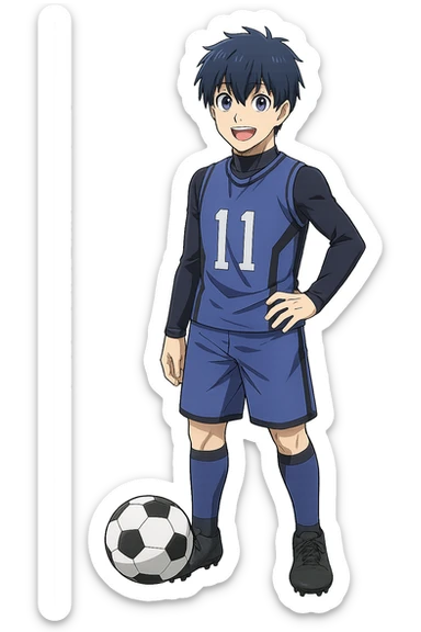 Yoichi Isagi from Blue Lock, anime style, blue hair, smiling, soccer ball at his feet, no background sticker