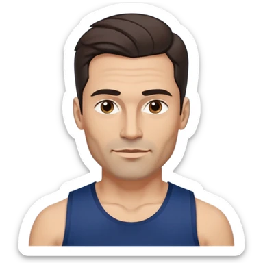 Youthful-looking athletic 40-year-old man with light brown skin, elongated face, defined jawline, attractive features, medium dark eyes, arched eyebrows, straight nose, confident expression, medium wavy dark hair with modern style, wearing a navy blue tank top sticker