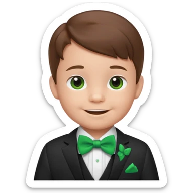 baby boy, brown hair in suit, with green bow, smile sticker