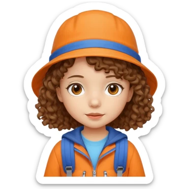A little girl student curly brown hair, with beige bucket hat, orange jacket, blue backpack sticker