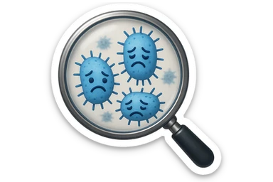 EMOJI STILE IPHONE DI una lente di ingrandimento che inquadra un cumulo di batteri intestinali tristi, IPERREALISTICO 4K sticker