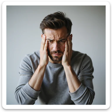 realistic 30-year-old man suffering from anxiety, worried expression, hands on face or tense posture, neutral background sticker