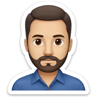 Puerto Rican man in his mid-50s with light skin. Round face with defined features. Expressive dark brown eyes, thick eyebrows. Full head of brown hair, slightly wavy. Medium-length brown beard, neatly trimmed. Wearing a dark blue button-up shirt. sticker