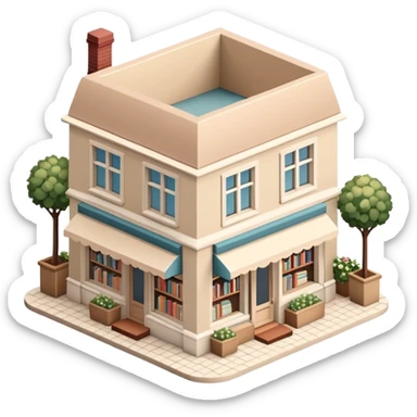 Isometric exterior little cozy beige bookstore dollhouse style 3D realistic  sticker