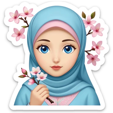 Turkish beautiful finish Konya girl blue eyes with hijab islamic dress and had on her hand cherry blossom sticker