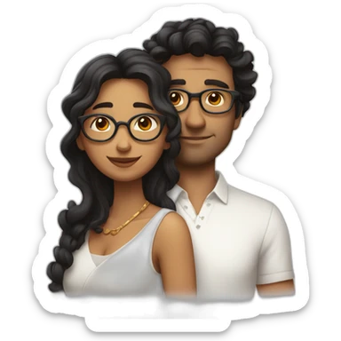 Indian woman with medium curly hair hugging a tall french man with black hair and glasses in a white shirt sticker