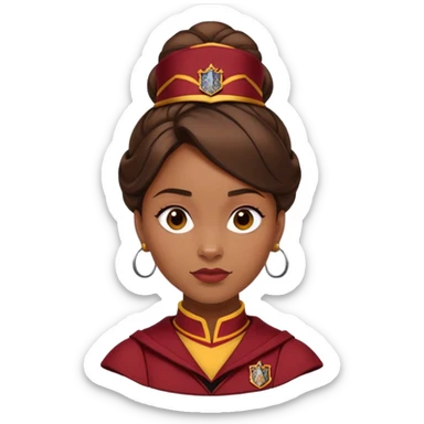 Angelina Johnson in harry potter, wear hogwarts gryfindor uniform,  thick, brown bun hair , reflecting her bold, stylish, and strong personality sticker