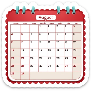 a monthly calendar labeled “August,” with rounded square date boxes, scalloped border frame, playful red doodle lines, and a cozy planner vibe. Minimal kawaii style, flat pastel color palette, slightly imperfect sketch lines, centered object, no background sticker