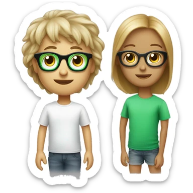 enfant avec des cheveux cours et maron 
avec des lunette de soleil noir et un t-shirt vert clair sticker