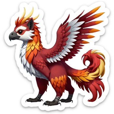 4-legged colorful shiny smooth glossy furry realistic scaly winged long-big-beaked Gryphon-Griffin-Griffsnuff-Talonflame-Silvally-Braviary-Red-Panda-fusion-hybrid-animal-Fakémon-creature, full body, with a long thin tufted lion-tail sticker