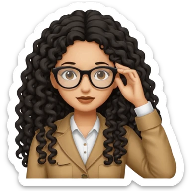 Tan girl with black long curly hair posing with hand in hair add glasses sticker