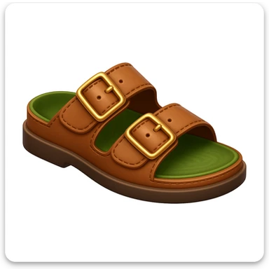 Create a shoe emoji that looks exactly like the reference image in iOS emoji style. The shoe should be 3D with shiny, smooth gradients, soft shadows, and a realistic brown sandal with straps, capturing the classic emoji look. Add a subtle highlight to the leather. sticker