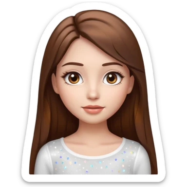 pretty cartoon girl, semi-realistic 3D emoji style, long straight brown hair, brown eyes, long eyelashes, soft glam makeup, glossy lips, smooth skin, cute aesthetic, sparkles in hair, white top sticker