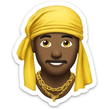 yellow emoji with a durag with all the caribbean falgs on it wearing a gold chain sticker