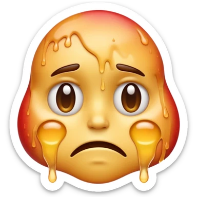 Apple-style emoji illustration of a melted, overheated face with sweat drops, expression annoyed, half-closed exhausted eyes, soft 3D emoji style, smooth gradients, rounded shapes, simple expression, centered composition. sticker