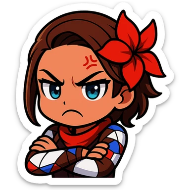 Azucena from Tekken 8 in chibi sticker style with an angry expression, arms crossed, designed for Twitch emote use. sticker