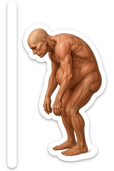 corpo umano anatomico realistico che si butta con la schiena e le spalle in avanti, pancia sporgente e postura delle spalle chiuse, isolato su sfondo bianco sticker