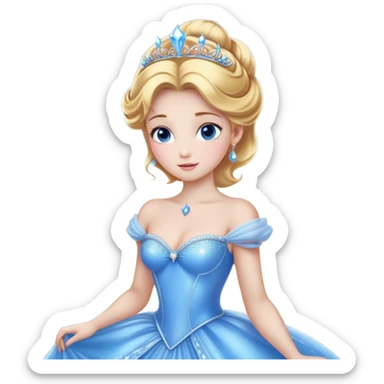 Cinematic Stunning Cinderella Portrait Emoji, Radiant in her sparkling blue ball gown, golden hair in a perfect updo, soft blue eyes full of wonder, glistening tiara, glowing with an ethereal beauty, regal yet kind, a dreamlike aura surrounds her, capturing the essence of a fairy tale princess, elegant and breathtaking! sticker