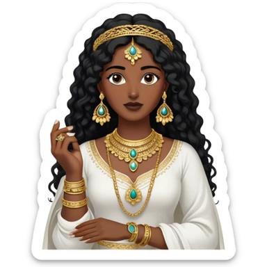 The Palestinian woman, she had long curly black hair and well defined eyebrows wears a white traditional dress. Her accessories steal the spotlight—intricately designed gold bangles, statement rings, and layered necklaces—each piece exuding heritage and craftsmanship.  sticker