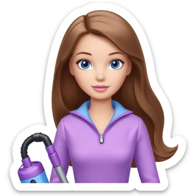 beautiful barbie girl with long brown hair, blue eyes and wearing light purple clothes, cleaning and vacuuming sticker