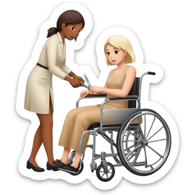 Mujer con cuchillo en la mano, empujando un enfermo en silla de ruedas sticker