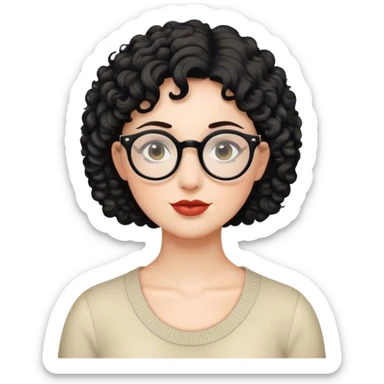 Mulher branca de cabelo curto preto cacheado e óculos redondo sticker