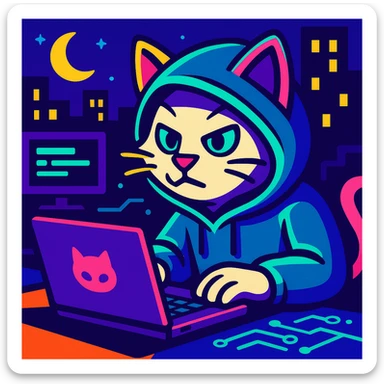 vibrant toon style white hacker cat with neon colors hacking at night sticker