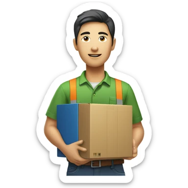 Asian person in logistic company green shirt with box in hand sticker