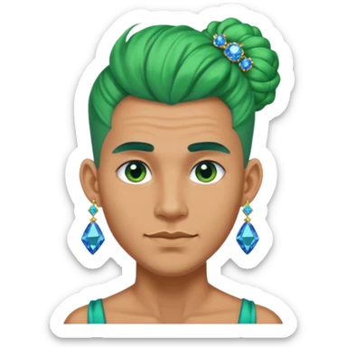 gem lover man with gem accessories excessive amount very big gem earrings green bun hair and bluediamonds  sticker
