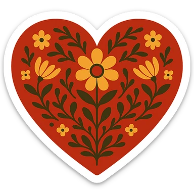 Red heart with Scandinavian folk art nature motif, intricate floral and leaf patterns, symmetrical, vibrant, inspired by traditional Nordic designs, with transparent background. sticker