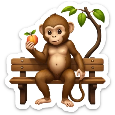 monkey(full body) sitting on a bench and eating peach and chocolate sticker