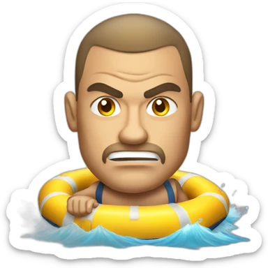 Angry muscular tan guy with brunette buzz cut on a raft sticker