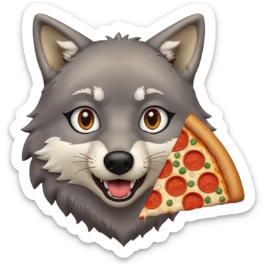 a surprised grey wolf eating a piece of pizza emoji sticker