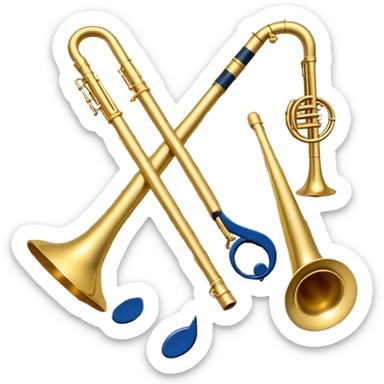 Create an elegant and artistic emoji that represents music arrangement and orchestration. The design should feature a conductor's baton, musical scores, and various orchestral instruments (drums, violin, trumpet, electric guitar, synthesizer). Incorporate flowing lines to represent harmony and orchestral balance, along with a subtle representation of sheet music. Use rich, classical colors like gold, silver, or deep blue, and create an atmosphere of sophistication and precision. The background should be transparent. sticker