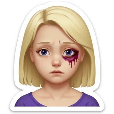 Blonde girl emoji, head and slight shoulders visible, one eye clearly bruised and swollen, dark purple-blue bruise around the entire eye socket, visible puffiness under eyelid, slightly uneven eyelids due to swelling, subtle red irritation around the eye, small wince expression like she’s in pain  sticker
